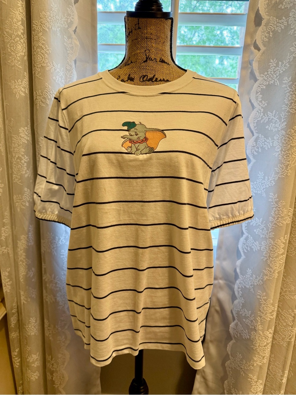 Striped Dumbo Embroidered Tee - White with Navy Stripes